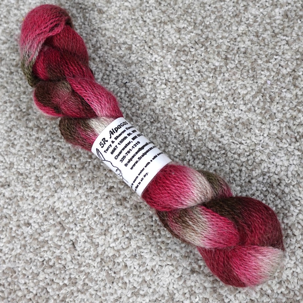 5R Alpacas 100% Alpaca Sock Yarn 2-Ply 200 Yards Variegated Pink‎ Brown Skein